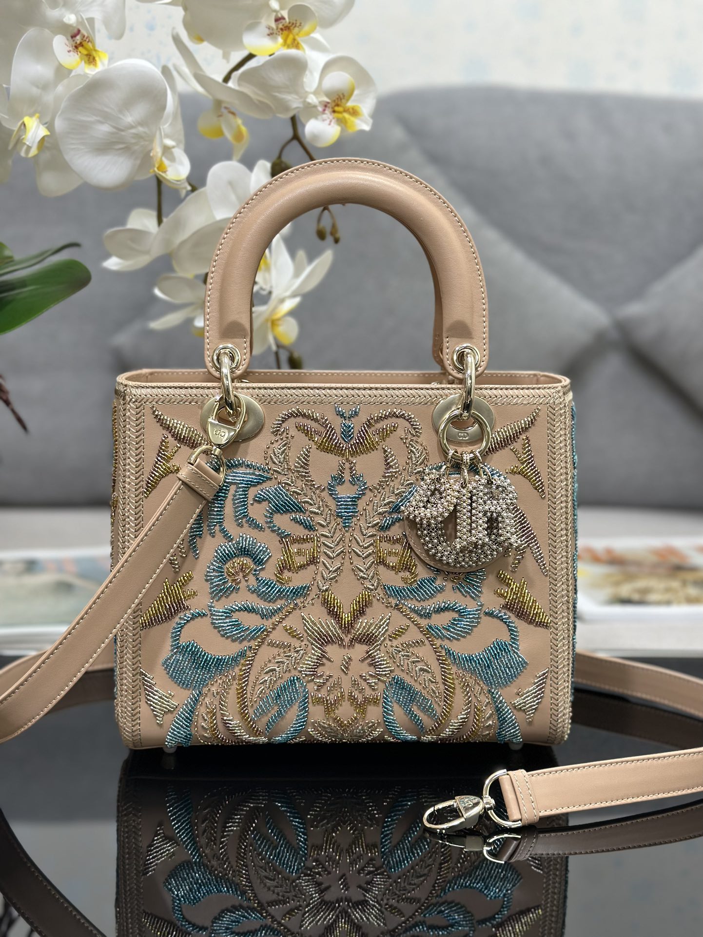 Small Lady Dior Bag Powder Beige Calfskin Embroidered with String Beads